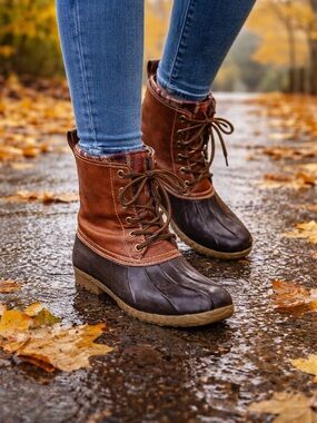 Yoki Duck Boots Brown Lace Up Waterproof Plaid Lined Ankle Boot 8/8.5